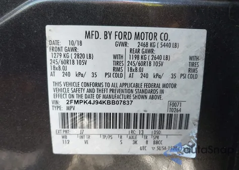 2019 Ford Edge Sel из США, поврежденный, VIN 2FMPK4J94KBB07837